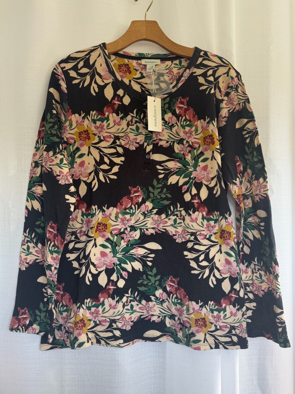 Sundance Thermal Henley Top Size L Brown Fox Floral Boho Whimsy Layering NWT